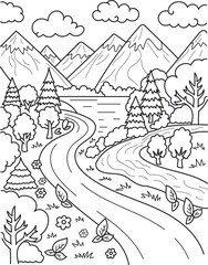 Coloring page outline of the cartoon landscape. Colorful vector illustration, summer coloring book for kids.