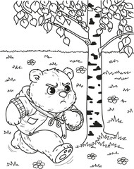 Coloring page outline of the cartoon smiling cute big bear runs in the forest. Colorful vector illustration, summer coloring book for kids.