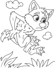 Coloring page outline of the cartoon cute wolf running. Colorful vector illustration, summer coloring book for kids.