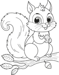 Coloring page outline of the cartoon smiling cute squirrel with the big nut. Colorful vector illustration, summer coloring book for kids.