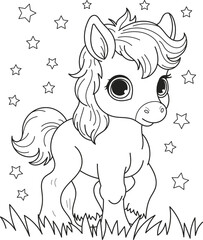 Coloring page outline of the cartoon smiling cute little horse. Colorful vector illustration, summer coloring book for kids.