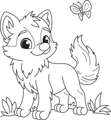 Coloring page outline of the cartoon smiling cute wolf with a butterfly. Colorful vector illustration, summer coloring book for kids.