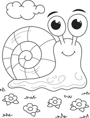 Coloring page outline of the cartoon smiling cute snail. Colorful vector illustration, summer coloring book for kids.