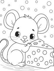 Obraz premium Coloring page outline of the cartoon smiling cute little mouse with cheese. Colorful vector illustration, summer coloring book for kids.