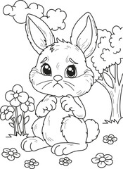 Coloring page outline of the cartoon cute sad little hare. Colorful vector illustration, summer coloring book for kids.