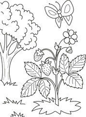Coloring page outline of cartoon strawberries in the forest. Colorful vector illustration, summer coloring book for kids.