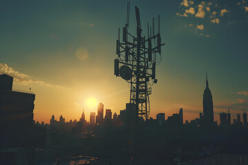 Fototapeta premium High-tech signal transmission tower against clear sky.