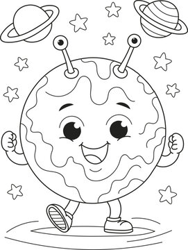 Coloring page outline of the cartoon smiling cute planet in space with stars. Colorful vector illustration, coloring book for kids.