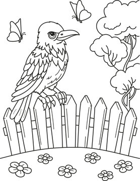 Coloring page outline of cartoon cute crow. Colorful vector illustration, summer coloring book for kids.