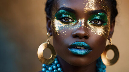 African woman with green and gold makeup, glamorous style. close-up portrait
