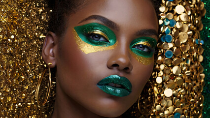 Striking beauty portrait with bold green and gold makeup against a glittering background.