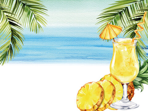 cocktail with a straw decorated with an umbrella, slices and half of raw pineapple, coconut palm leaves, sea, coast, seascape, watercolor illustration of summer vacation theme, refreshing drink