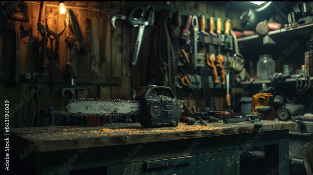 Poster chained saw on workbench in workshop: rustic craftsmanship setting for tool enthusiasts