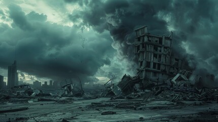 Fototapeta premium Surreal Apocalyptic Landscape of Twisted Metal Structures and Crumbling Ruins Under Ominous Storm Clouds