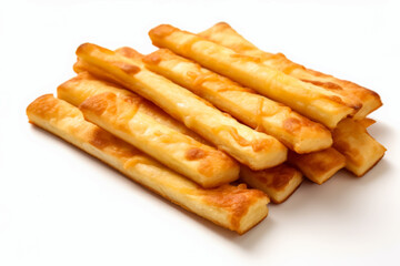 Grissini with cheese on a white background, highlighting their crunchy texture and savory flavor.