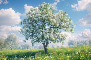 Fototapeta premium A single tree with white flowers blooming in a natural field setting
