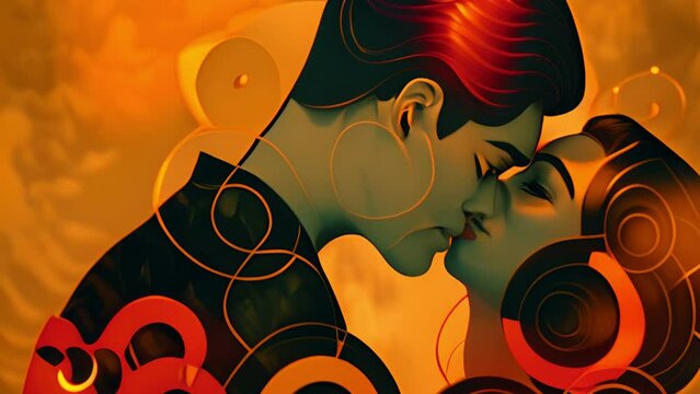 Man kissing a woman against a background of golden circles.