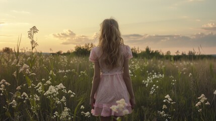 A woman wearing a pink dress stands in a field of colorful flowers, suitable for use as a background or to illustrate a story about femininity, nature, and beauty