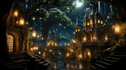 Fantasy Enchanted Forest Landscape with Glowing Magic and Fairytale Castle