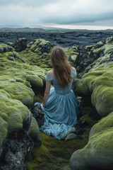Naklejka premium A woman sits in a field of moss wearing a blue dress, great for use in nature or garden themed projects