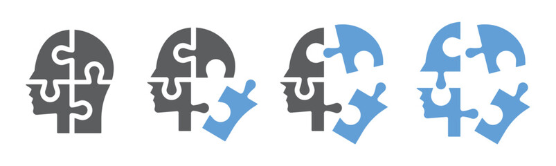 Set of human heads with puzzles icons. Puzzle human face, mental health, logical thinking, idea, business, business project. Vector.