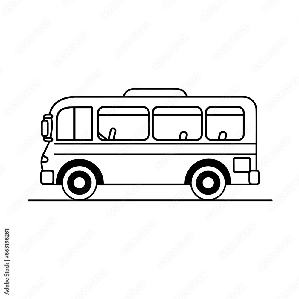 Poster simple black and white vector line art of a bus with blank space on either side.