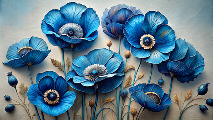 Abstract blue poppy flowers on a beige rustic background, flat lay. Beautiful art card for congratulations. Texture image. Floral arrangement in vintage style.