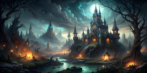 Fototapeta premium Fantasy Landschaft mit Burgen und Feuern - Mondschein und Silhouetten von Burg und Baum - Halloween - Mystisch und dunkel