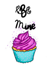 There's a picture of a cupcake and it says Be Mine. The cupcake is lilac in a turquoise mold. 