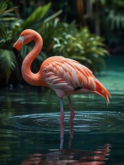 A vibrant flamingo standing gracefully in a crystal-clear lake.