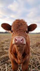Adorable Baby Cow Standing in Rural Field at Sunset