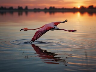 An elegant flamingo captured mid-flight over a tranquil landscape.