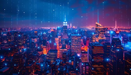 Obraz premium Connected Urban Hubs, Iconic US city landmarks surrounded by digital rings of IoT symbols and data flows, smart city technologies enhance connectivity and efficiency