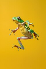 A close-up shot of a green frog mid-jump, with its legs splayed out and its body arched in motion