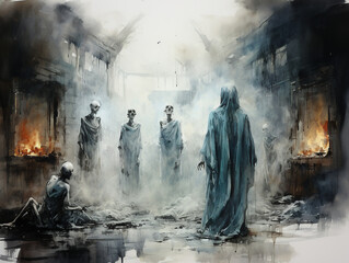 Haunted hospital scene in watercolor with a ghost doctor, eerie yet compassionate, ghost doctor, haunted healing.