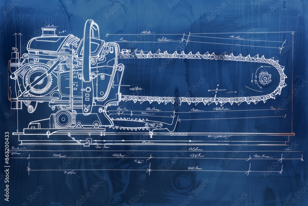Poster detailed chainsaw blueprint with internal mechanics for engineering and technical design