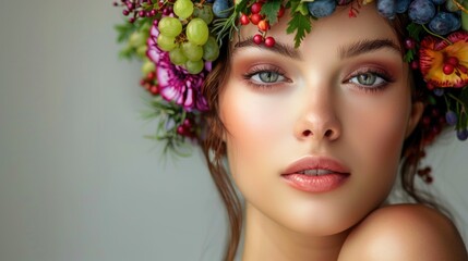 Naklejka premium Portrait of a Woman with Vibrant Floral and Fruit Crown Against Soft Gradient Background