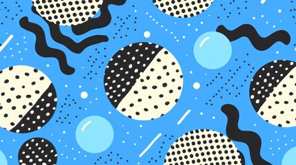 A blue and black patterned background with white and black circles. The circles are of different sizes and are scattered throughout the background. Scene is playful and fun