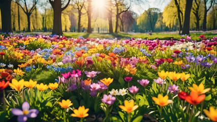 Obraz premium Panoramic landscape with multicolor spring flowers. Nature background.