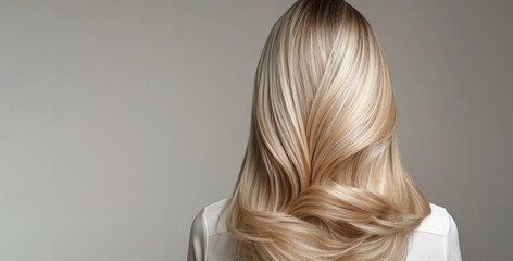 Fototapeta premium A woman with long blonde hair is standing in front of a white background. The hair is styled in a way that it is flowing and has a natural, effortless look. Scene is one of confidence and beauty