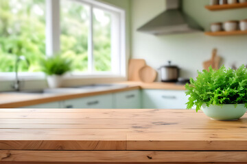 Wooden table on blurred kitchen bench background. Empty wooden table and blurred kitchen background for product mockup