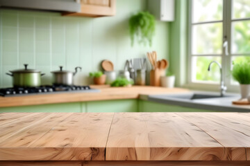 Wooden table on blurred kitchen bench background. Empty wooden table and blurred kitchen background for product mockup