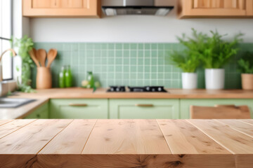 Wooden table on blurred kitchen bench background. Empty wooden table and blurred kitchen background for product mockup