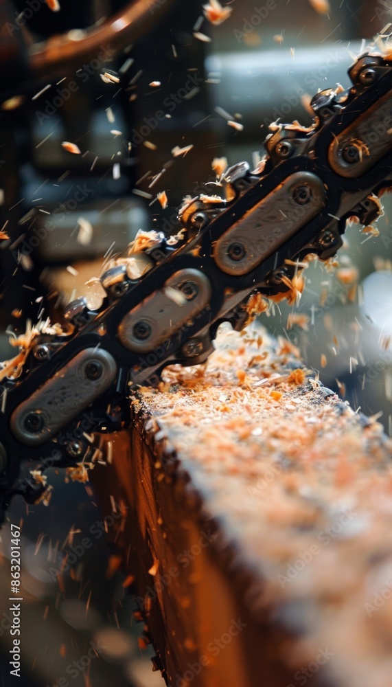 Poster close-up of a chainsaw chain being sharpened with precision for maintenance and safety