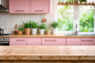 Wooden table on blurred kitchen bench background. Empty wooden table and blurred kitchen background for product mockup