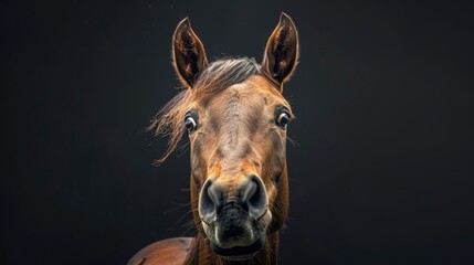 Close up portrait of a horse's face on a dark background, suitable for use in editorial or commercial contexts where a strong equine image is needed