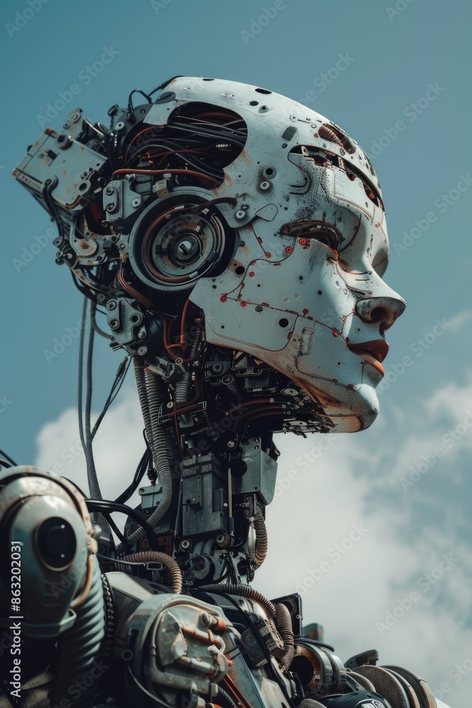 Poster close-up of a robot's head with a cloudy sky in the background, suitable for futuristic or technolog