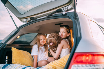 Little girls playing with fluffy brown Maltipoo dog while thy sitting in car trunk. They playing...