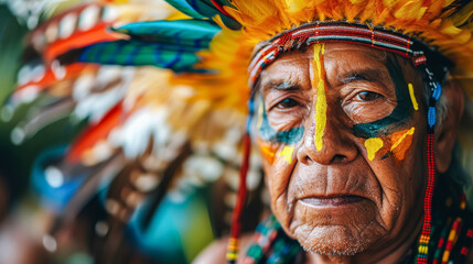 Fototapeta premium A man with a colorful face paint and a feather headdress. He looks very old and is wearing a colorful outfit