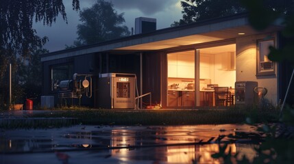 Gasoline Generator Powering House at Night During Power Outage - Reassuring Scene with Lights On